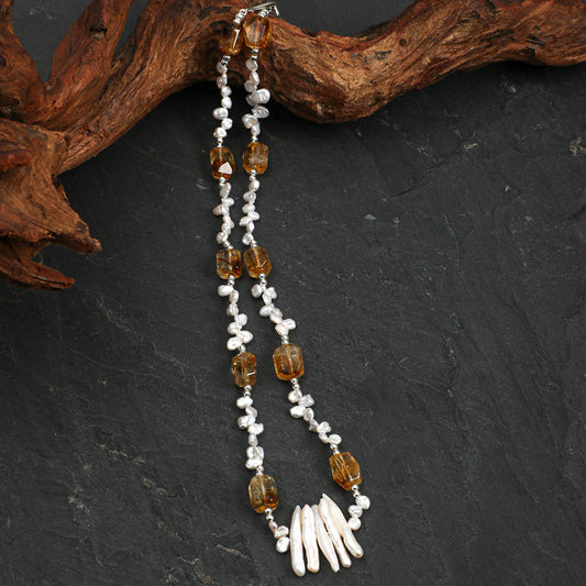 Side full view of Natural Brazilian Citrine and Sculptural Tooth Baroque Pearl Necklace,natural gemstone and pearl texture,925 sterling silver fine jewelry