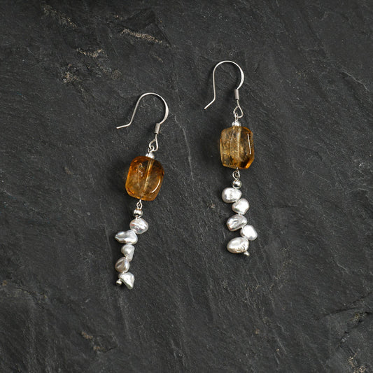 Natural Brazilian Citrine and Petal Baroque Pearl Tassel Earrings