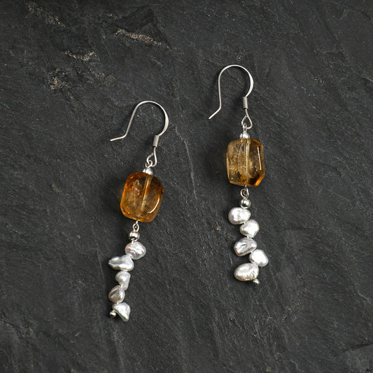 Side full view of Natural Brazilian Citrine and Petal Baroque Pearl Tassel Earrings,handcrafted crystal pearl jewelry,925 sterling silver,minimalist luxury gift for women,drop
