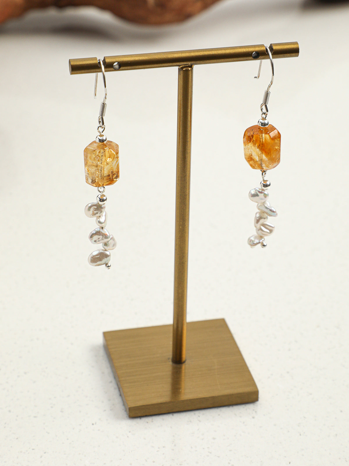 Side full view of Macro close-up of Natural Brazilian Citrine and Petal Baroque Pearl Tassel Earrings,handcrafted crystal pearl jewelry,925 sterling silver,minimalist luxury gift for women