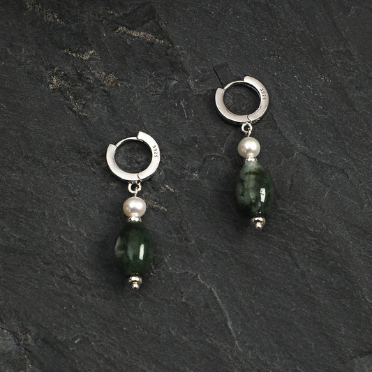 Natural Moss Agate and Rice Seed Pearl Huggie Hoop Earrings