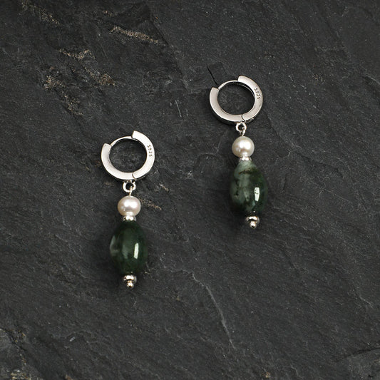 Side full view of Natural Moss Agate and Rice Seed Pearl Huggie Hoop Earrings,handcrafted crystal pearl jewelry,925 sterling silver,minimalist luxury gift for women