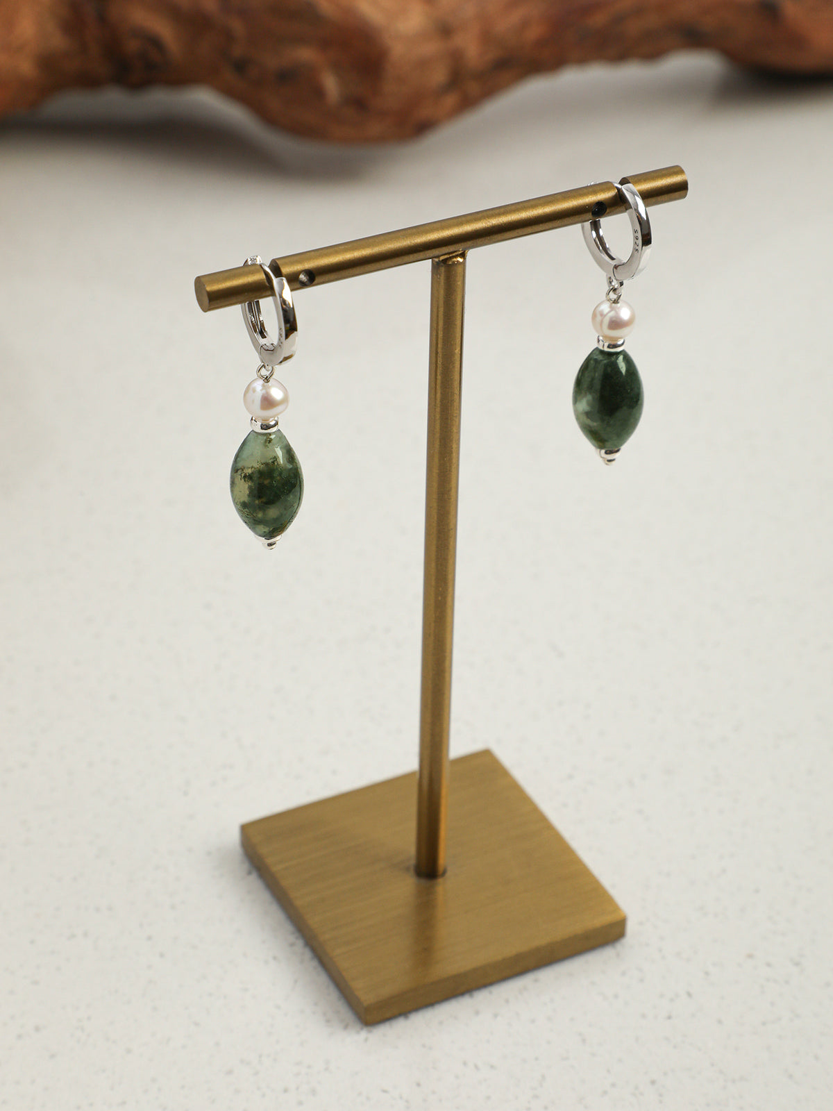 Side full view of Natural Moss Agate and Rice Seed Pearl Huggie Hoop Earrings,handcrafted crystal pearl jewelry,925 sterling silver,minimalist luxury gift for women