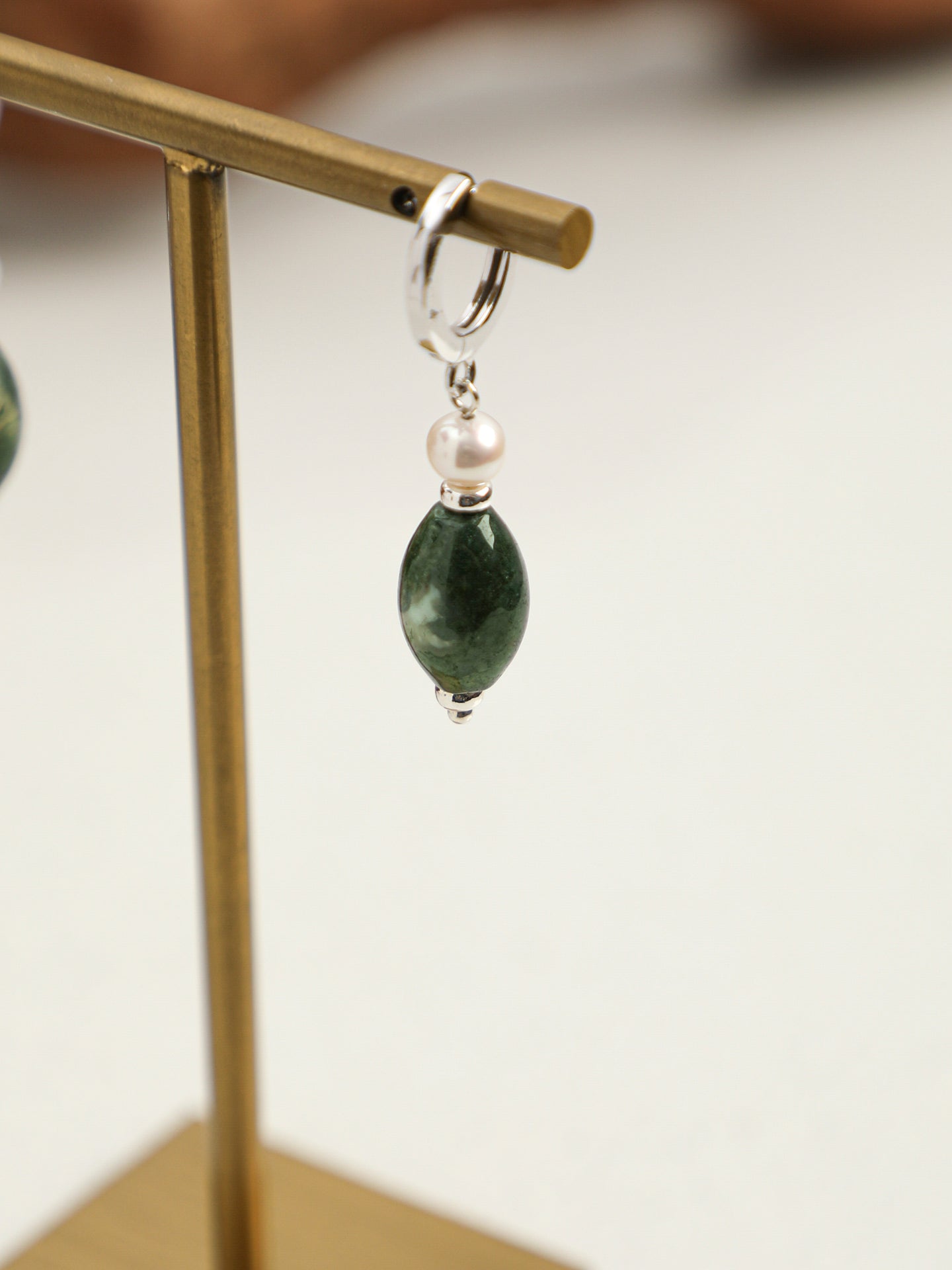 Natural Moss Agate and Rice Seed Pearl Huggie Hoop Earrings