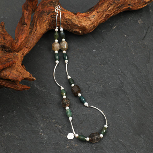 Side full view of Natural Phantom Quartz and Moss Agate Statement Necklace,natural gemstone and pearl texture,925 sterling silver fine jewelry