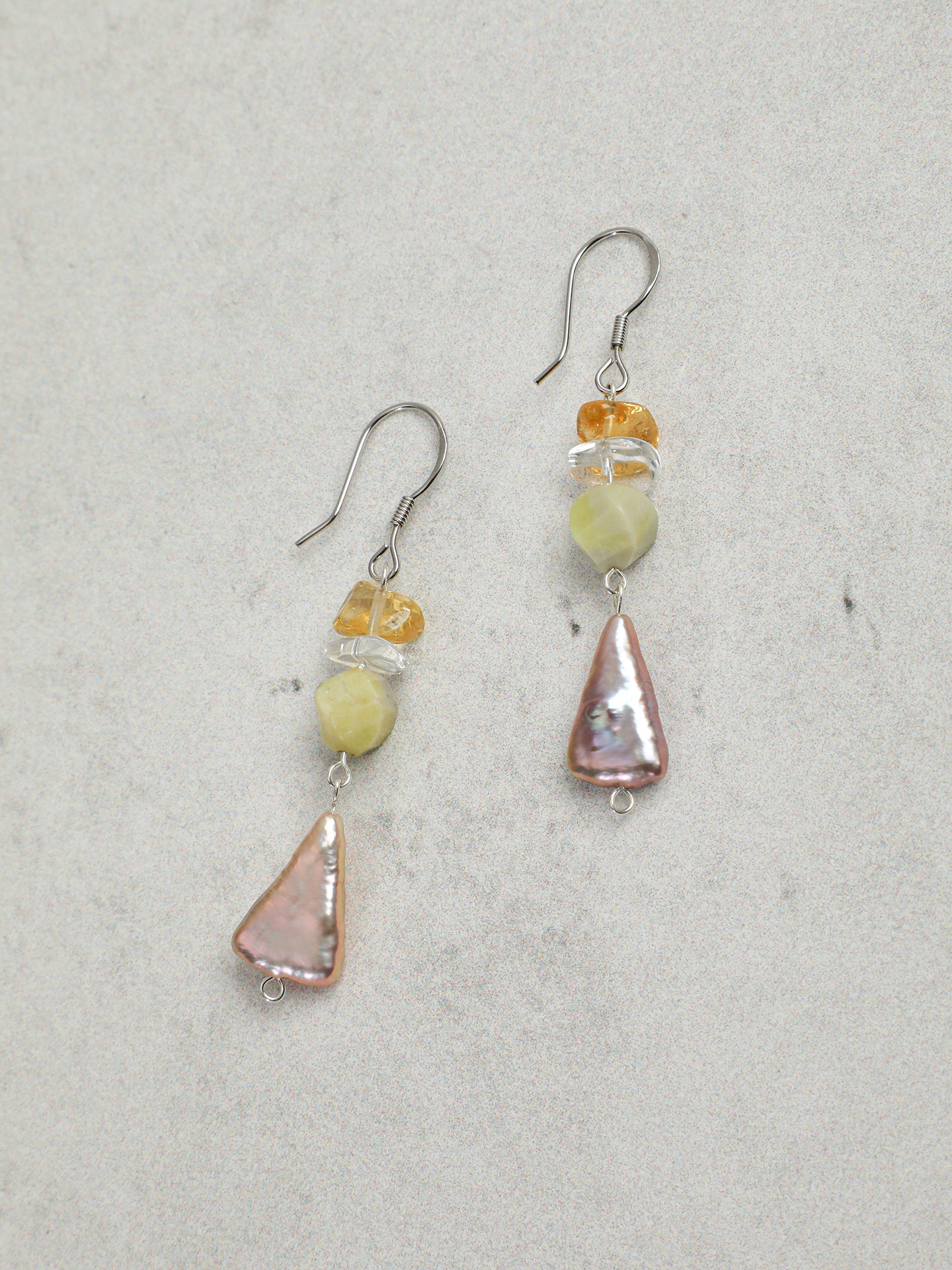 Natural Citrine, Jade, and Colorful Baroque Pearl Cascade Earrings
