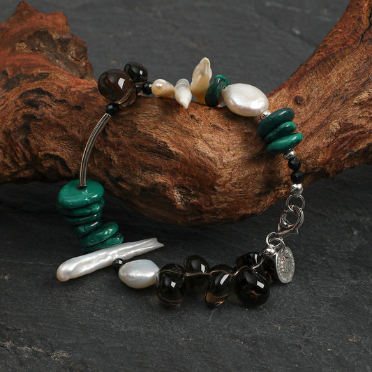 Natural Malachite and Smoky Quartz Multi-Gemstone Bracelet