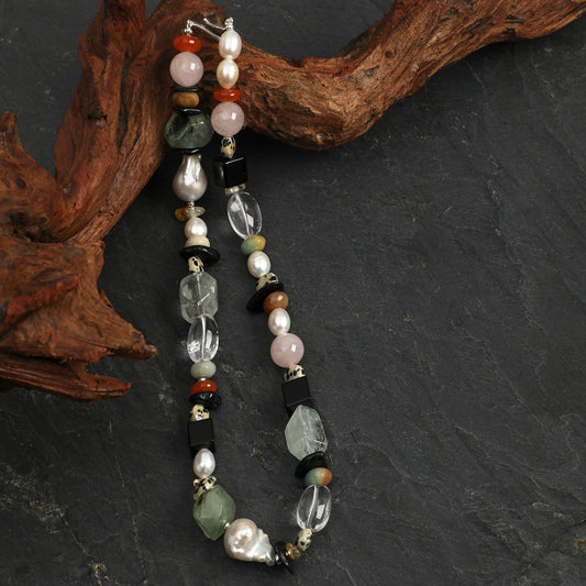 Side full view of Natural Prehnite,Green Quartz,and Baroque Pearl Statement Necklace,natural gemstone and pearl texture,925 sterling silver fine jewelry