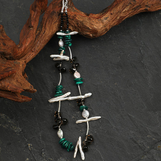 Side full view of Natural Malachite and Smoky Quartz Statement Necklace,natural gemstone and pearl texture,925 sterling silver fine jewelry