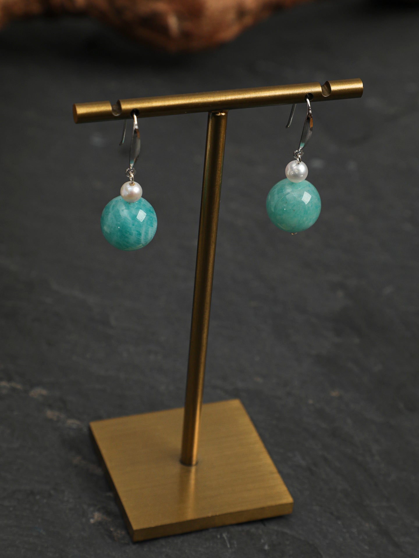 Side full view of Natural Amazonite and Seed Pearl Drop Earrings,natural gemstone and pearl texture,925 sterling silver fine jewelry ,minimalist luxury gift for women