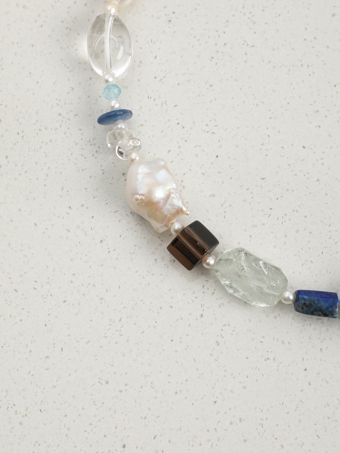 Close-up detail shot of Natural Lapis Lazuli and Mixed Crystal Statement Necklace,handcrafted crystal pearl jewelry,925 sterling silver,minimalist luxury gift for women