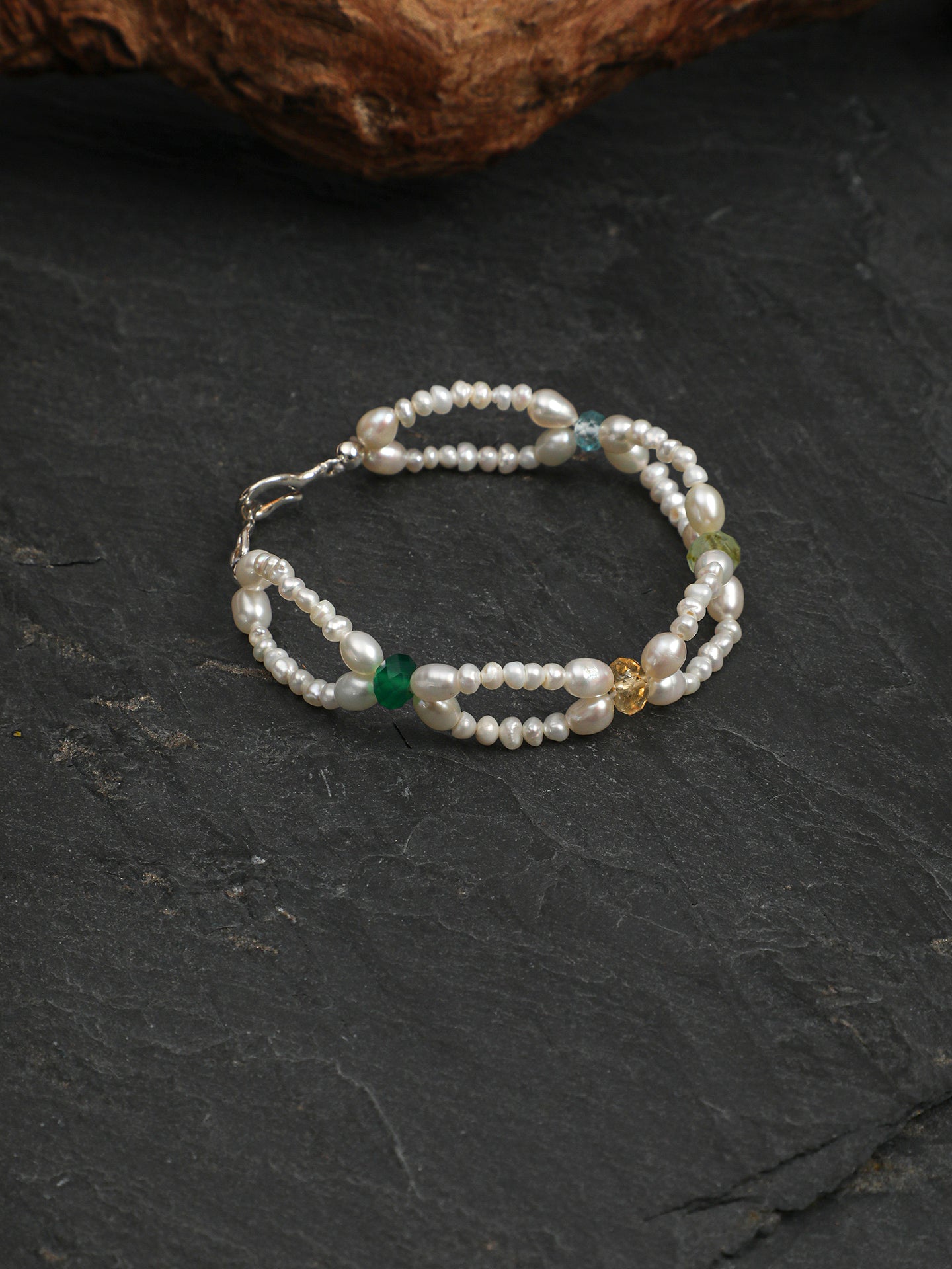 Multi-Gemstone Topaz Citrine Agate Pearl Lace Bracelet