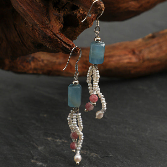 Side full view of Natural Blue Kyanite and Plum Blossom Tourmaline Tassel Earrings,handcrafted crystal pearl jewelry,925 sterling silver,minimalist luxury gift for women