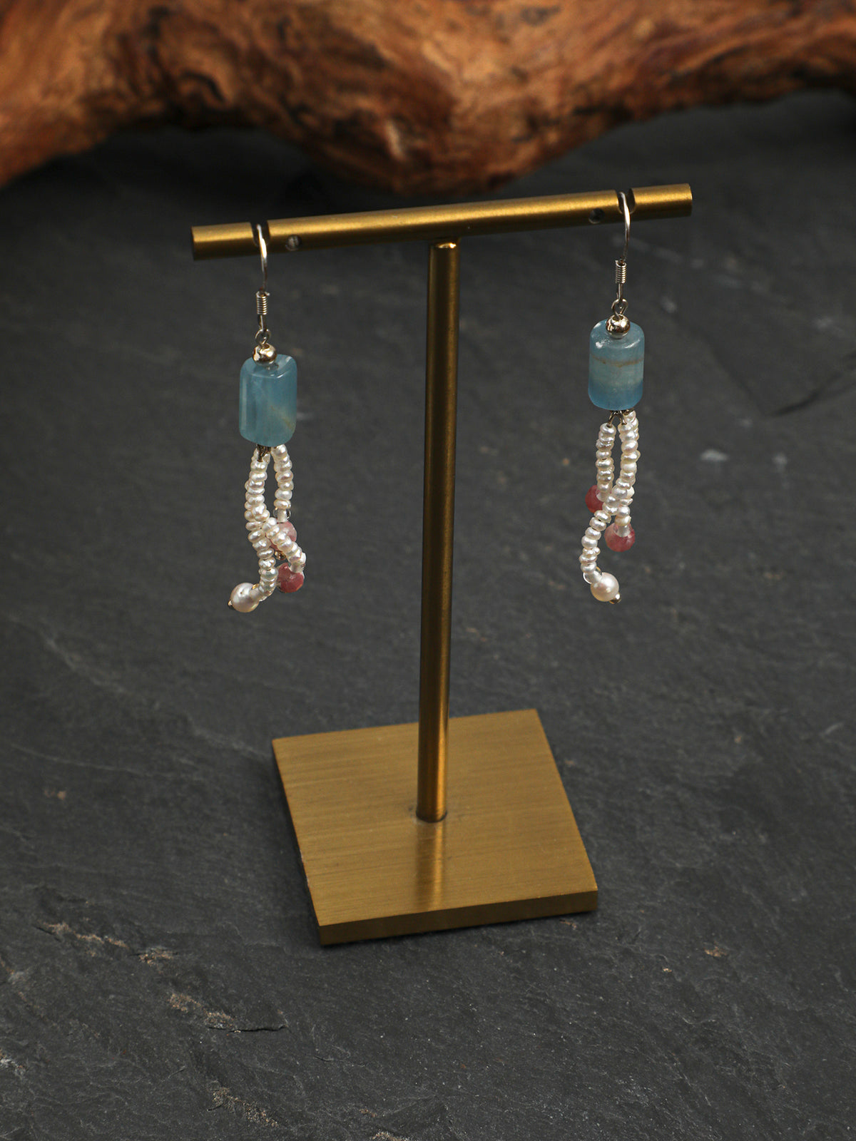 Side full view of Natural Blue Kyanite and Plum Blossom Tourmaline Tassel Earrings,handcrafted crystal pearl jewelry,925 sterling silver,minimalist luxury gift for women.drop earrings