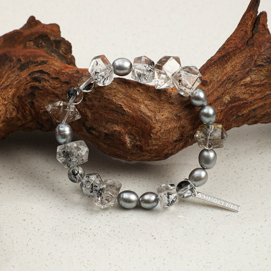 Natural Herkimer Diamond and Grey Pearl Bracelet