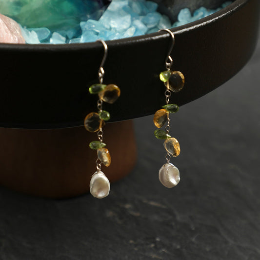 Side full view of Natural Peridot and Petal Pearl Cascade Earrings,handcrafted crystal pearl jewelry,925 sterling silver,minimalist luxury gift for women