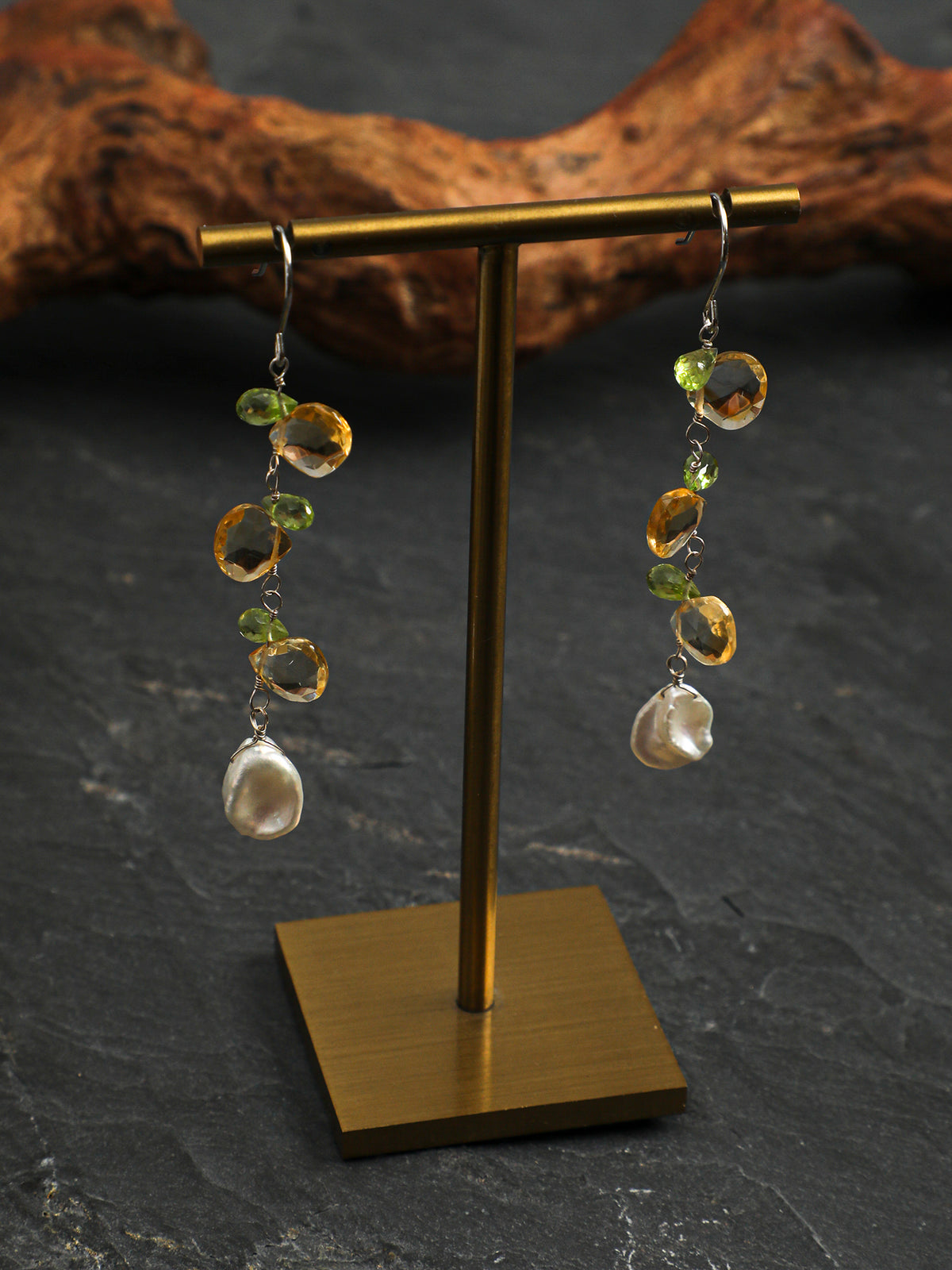 Side full view of Natural Peridot and Petal Pearl Cascade Earrings,natural gemstone and pearl texture,925 sterling silver fine jewelry