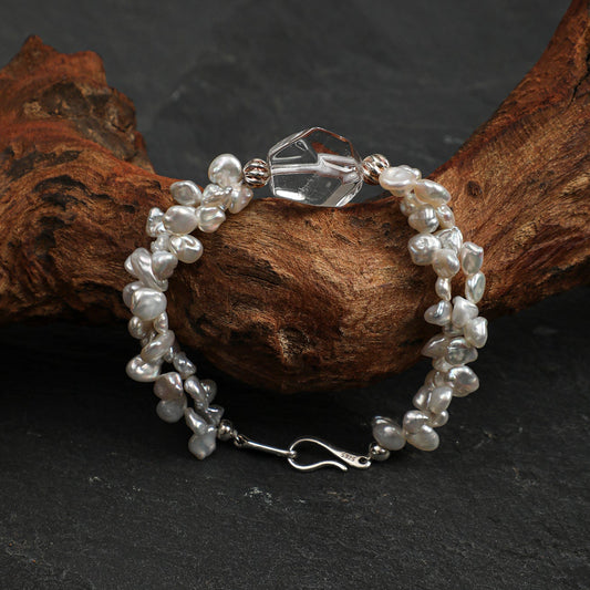 Natural Clear Quartz and Petal Baroque Pearl Bracelet