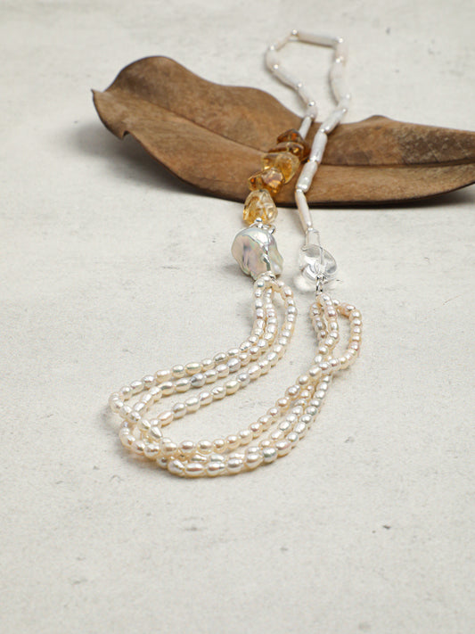 Side full view of Necklace,natural gemstone and pearl texture,925 sterling silver fine jewelry
