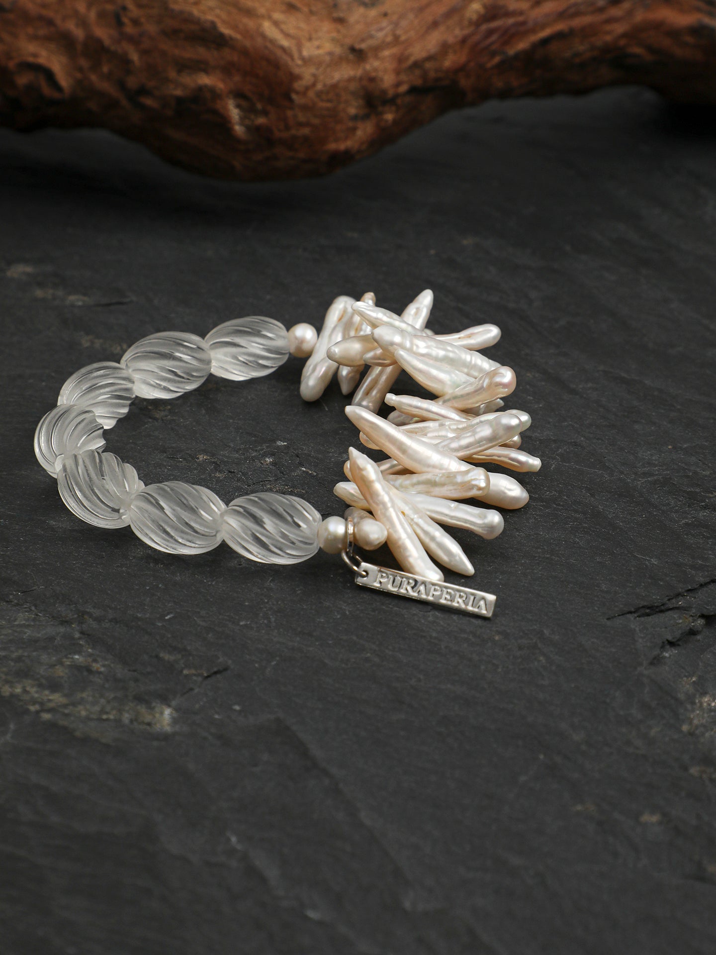 Natural Clear Quartz and Keshi Bar Pearl Bracelet