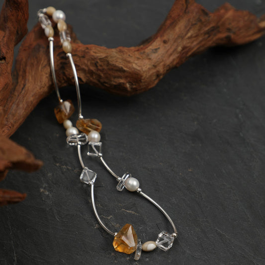 Side full view of Citrine and Clear Quartz Silver Tube Necklace,natural gemstone and pearl texture,925 sterling silver fine jewelry