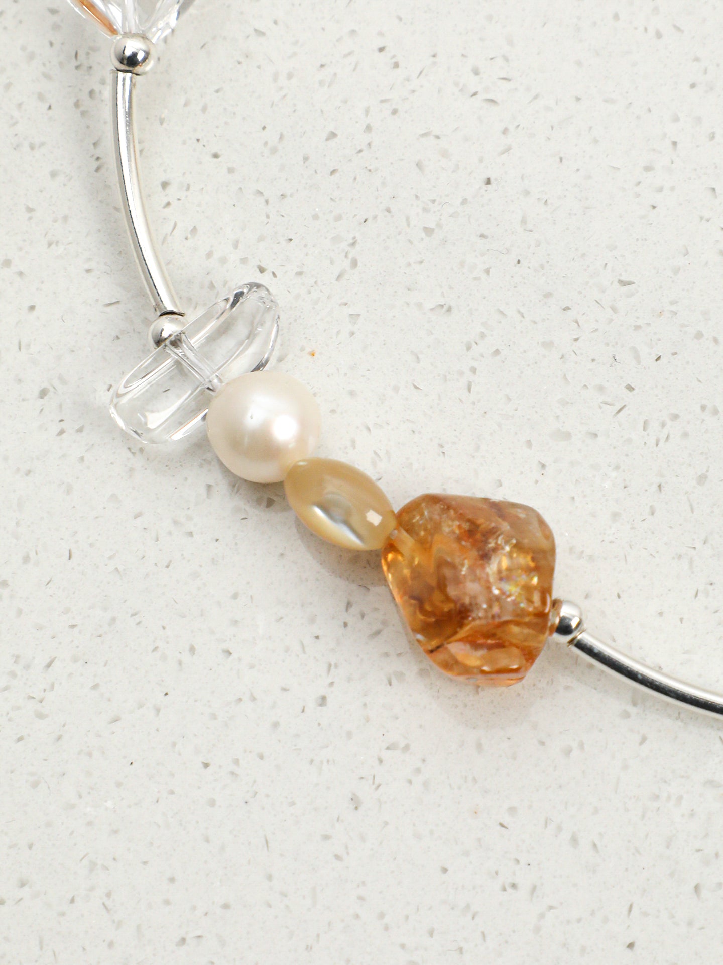 Natural Citrine and Clear Quartz Silver Tube Necklace