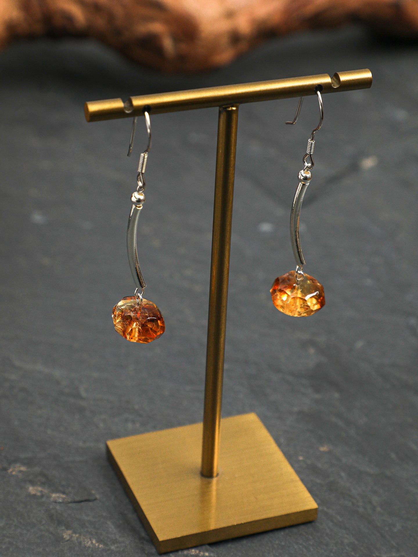Side full view of Natural Faceted Citrine and Curved Bar Drop Earrings,handcrafted crystal pearl jewelry,925 sterling silver,minimalist luxury gift for women