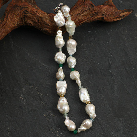 Side full view of Statement Baroque Pearl and Multi-Gemstone Choker Necklace,natural gemstone and pearl texture,925 sterling silver fine jewelry