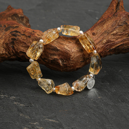 Bracelet,natural Citrine gemstone and pearl texture,925 sterling silver fine jewelry