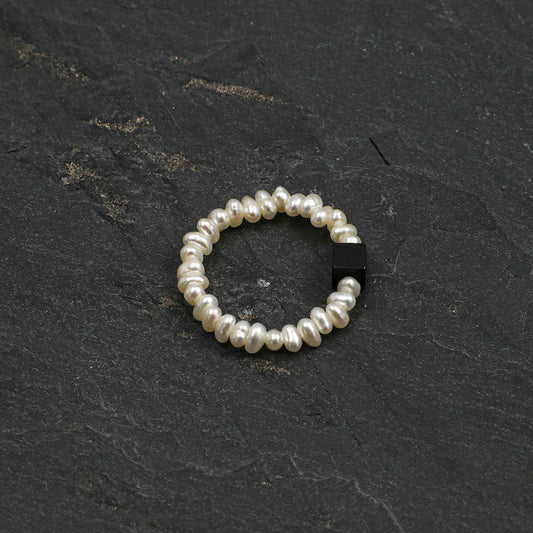 Natural Black Onyx and Keshi Pearl Ring
