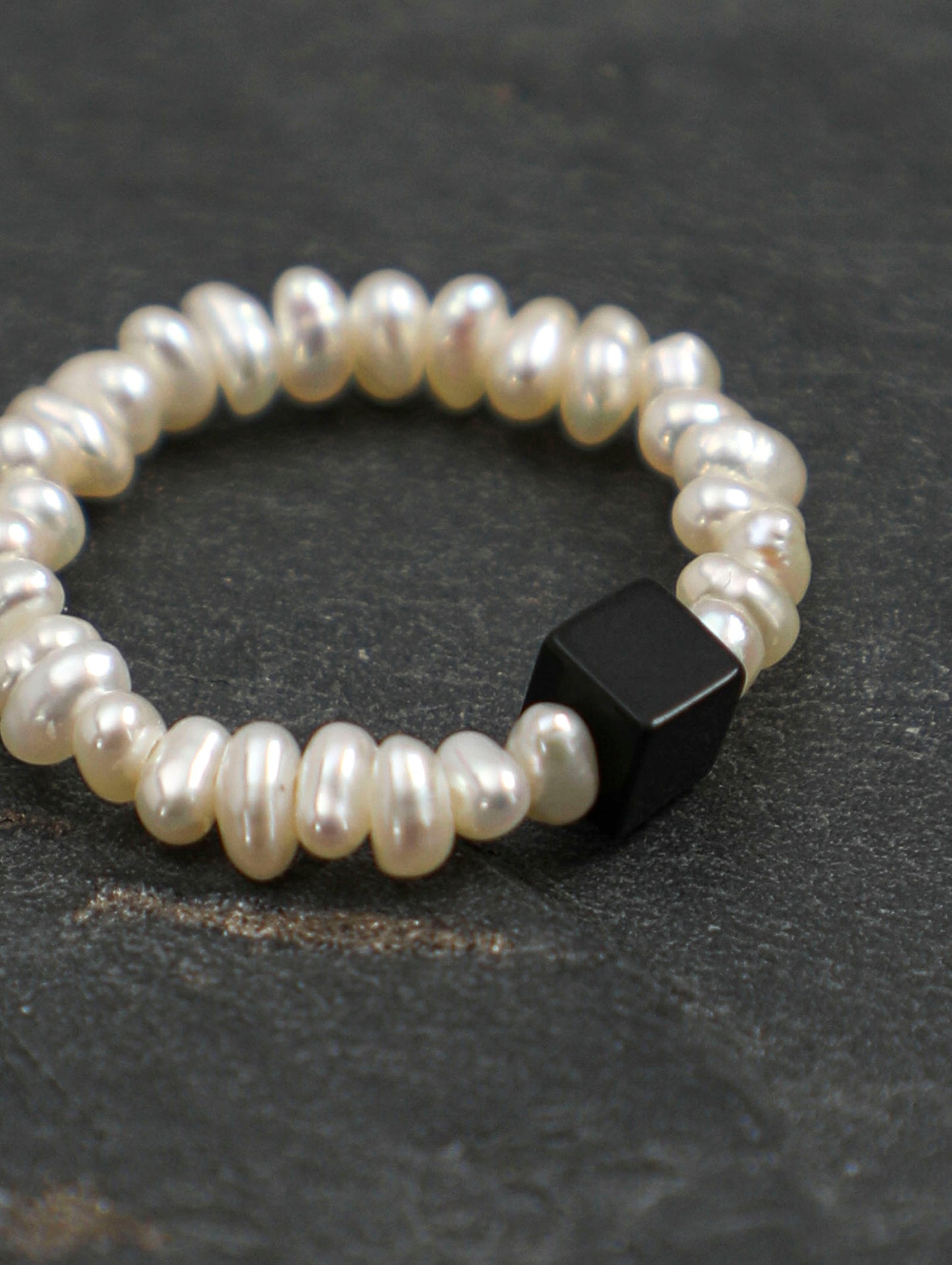 Natural Black Onyx and Keshi Pearl Ring