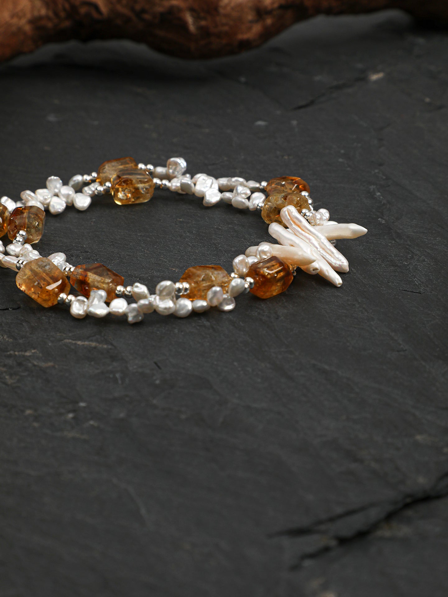Natural Brazilian Citrine and Sculptural Tooth Baroque Pearl Necklace
