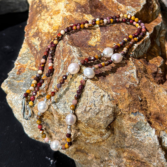 Side full view of Jasper and Lustrous Freshwater Pearl Necklace,natural gemstone and pearl texture,925 sterling silver fine jewelry