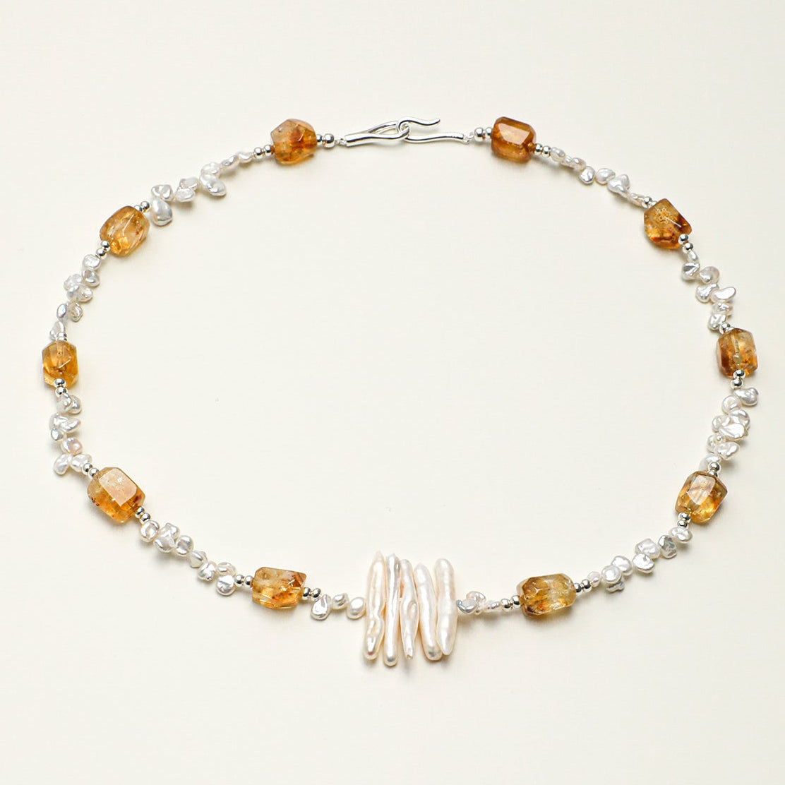 Natural Brazilian Citrine and Sculptural Tooth Baroque Pearl Necklace