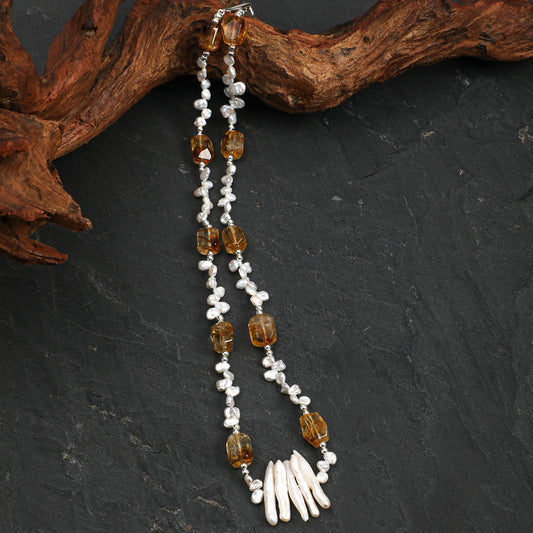 Natural Brazilian Citrine and Sculptural Tooth Baroque Pearl Necklace
