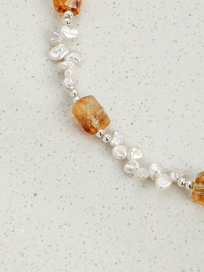 Natural Brazilian Citrine and Sculptural Tooth Baroque Pearl Necklace