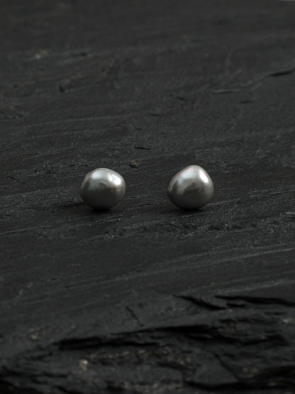 Side full view of Grey Baroque Pearl Stud Earrings,handcrafted crystal pearl jewelry,925 sterling silver,minimalist luxury gift for women