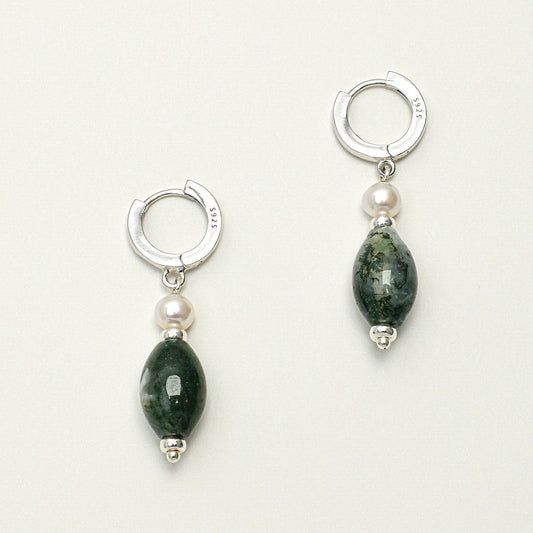 Natural Moss Agate and Rice Seed Pearl Huggie Hoop Earrings