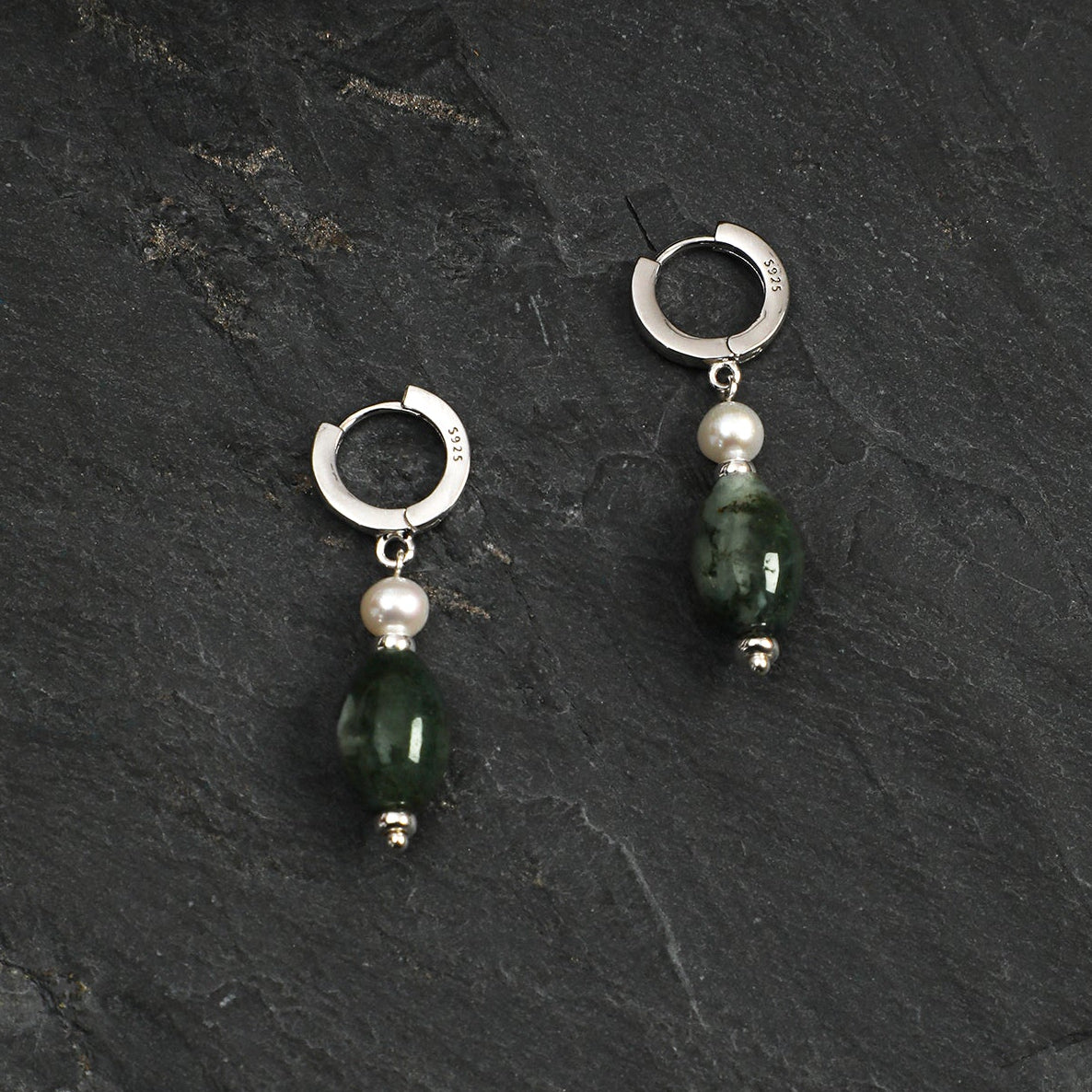 Natural Moss Agate and Rice Seed Pearl Huggie Hoop Earrings