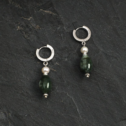 Natural Moss Agate and Rice Seed Pearl Huggie Hoop Earrings