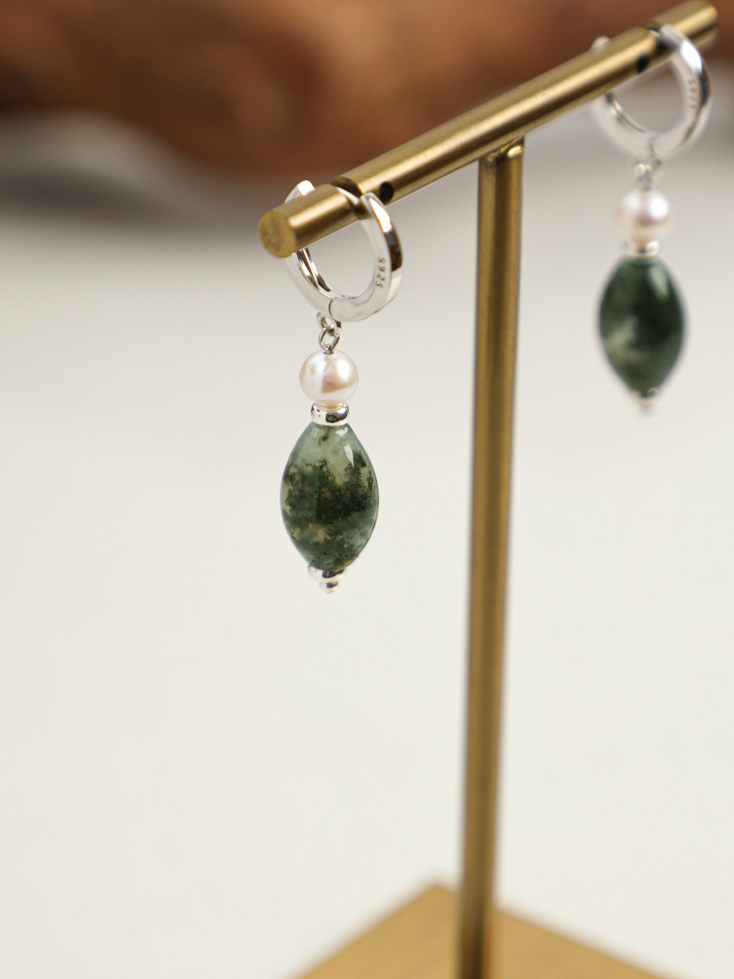 Natural Moss Agate and Rice Seed Pearl Huggie Hoop Earrings