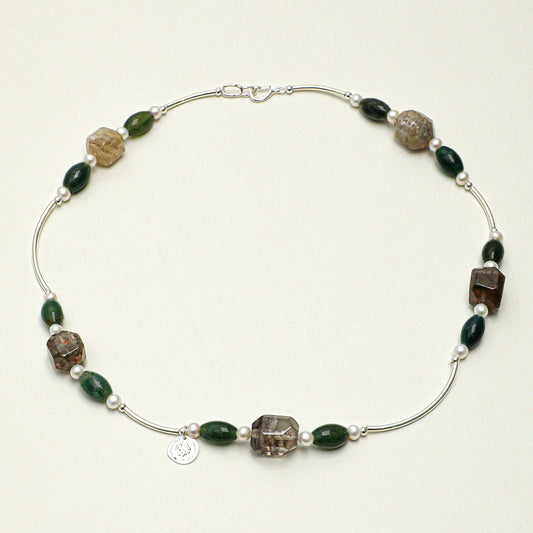 Natural Phantom Quartz and Moss Agate Statement Necklace