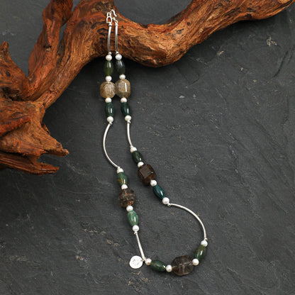 Natural Phantom Quartz and Moss Agate Statement Necklace