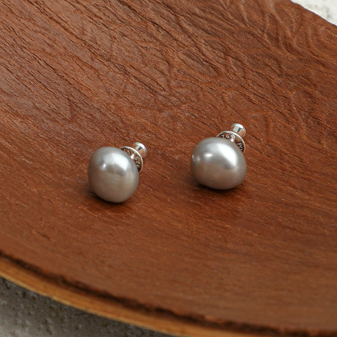 Side full view of  Grey Baroque Pearl Stud Earrings,handcrafted crystal pearl jewelry,925 sterling silver,minimalist luxury gift for women