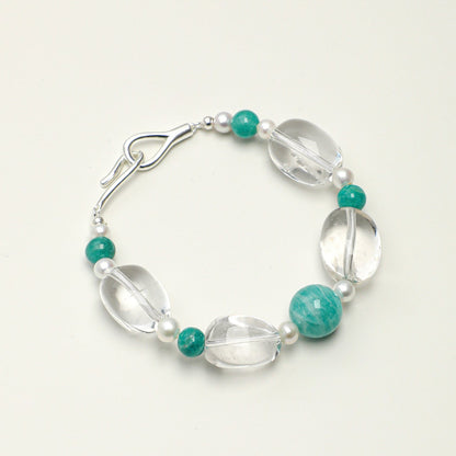 Freeform Clear Quartz & Amazonite Beaded Bracelet | Natural Freshwater Pearls & S925 Silver Clasp