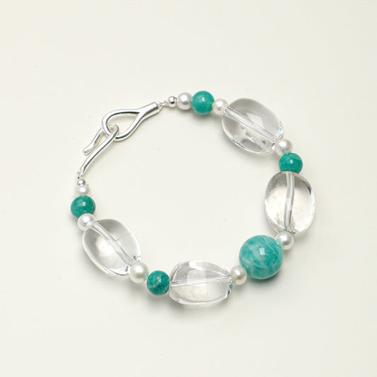 Freeform Clear Quartz & Amazonite Beaded Bracelet | Natural Freshwater Pearls & S925 Silver Clasp