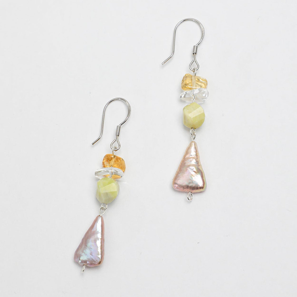 Natural Citrine, Jade, and Colorful Baroque Pearl Cascade Earrings