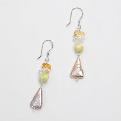 Natural Citrine, Jade, and Colorful Baroque Pearl Cascade Earrings