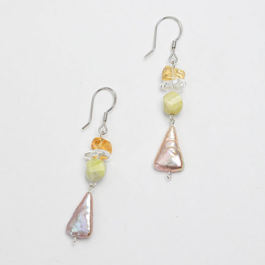 Natural Citrine, Jade, and Colorful Baroque Pearl Cascade Earrings