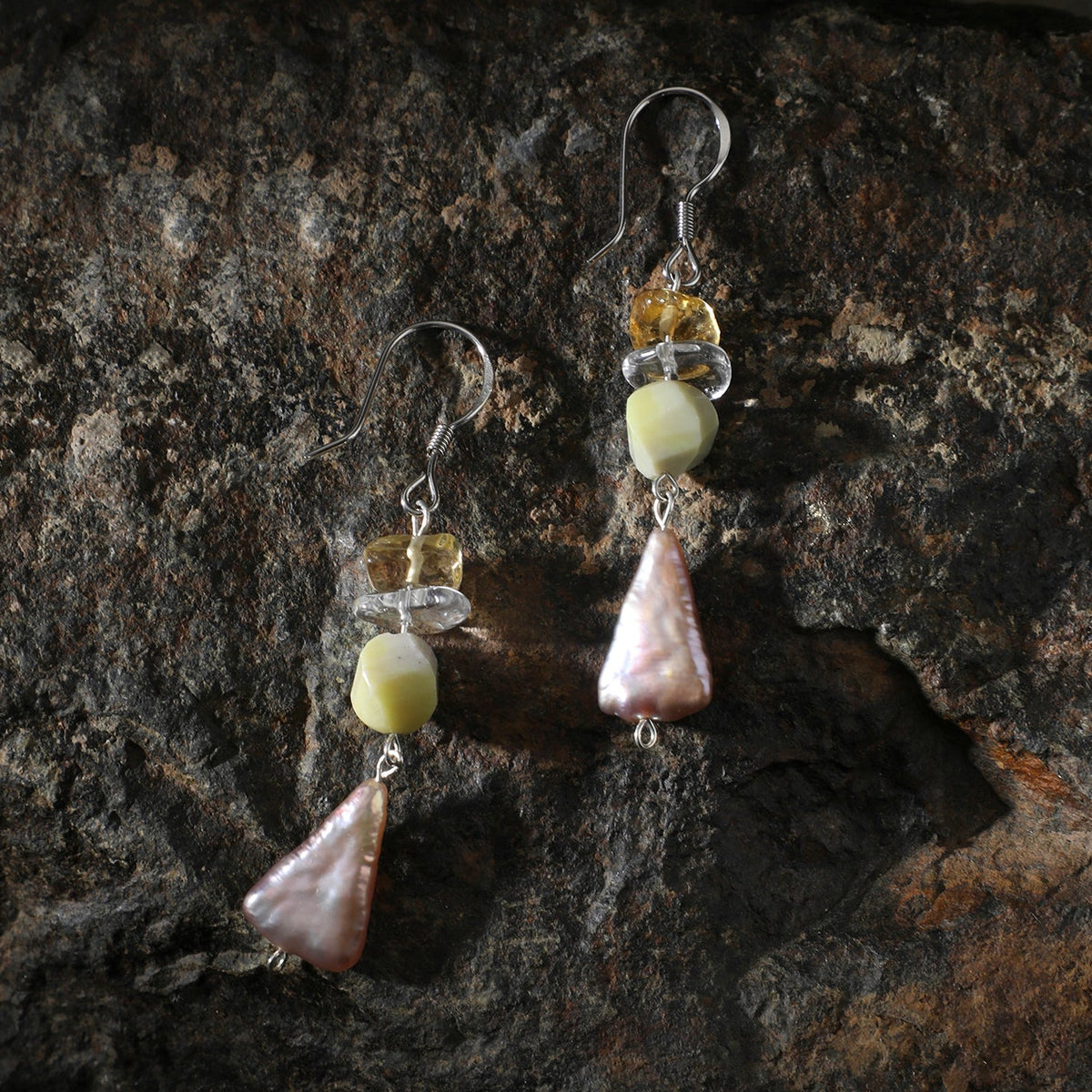 Side full view of  Natural Citrine,Jade,and Colorful Baroque Pearl Cascade Earrings,handcrafted crystal pearl jewelry,925 sterling silver,minimalist luxury gift for women